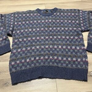 Vintage 90s Crewneck Sweater Mens Size XL Blue Acrylic‎ Pullover Patchwork